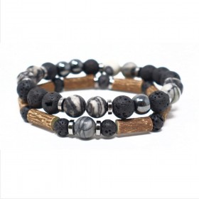 Collection émotions duo de bracelets en noisetier, jaspe netstone et hématite 20cm Pur Noisetier