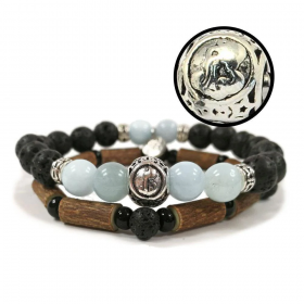 Collection zodiaque Verseau duo de bracelets en noisetier, pierres de lave et aigue-marine 20cm Pur Noisetier