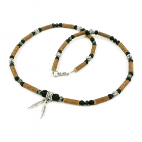 Collier pour adulte en noisetier, obsidienne flocon et pierre de lave 56 Pur Noisetier
