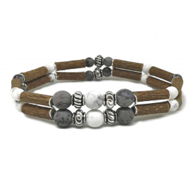 Bracelet double en noisetier, jaspe Picasso et howlite 23cm Pur Noisetier
