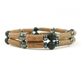 Bracelet double en noisetier, pierre de lave et hématite 15cm Pur Noisetier