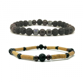 Duo de bracelet en noisetier, pierres de lave et grenat 20cm Pur Noisetier