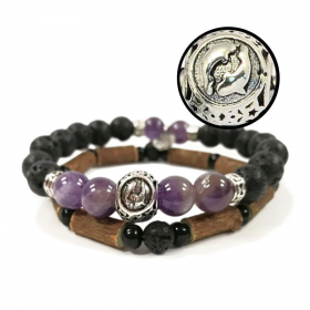 Collection zodiaque Poissons duo de bracelets en noisetier, pierres de lave et améthyste 20cm Pur Noisetier
