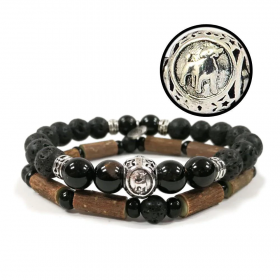 Collection zodiaque Taureau duo de bracelets en noisetier, pierres de lave et tourmaline 20cm Pur Noisetier