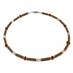 Collier 0-2 ans en noisetier ambre de la Baltique et quartz rose 28cm Pur Noisetier