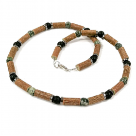 Collier pour adulte en noisetier, jaspe zébré et pierres de lave 56cm Pur Noisetier