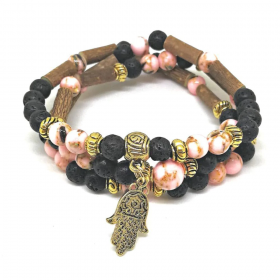 Wrap mala 2 en 1 en noisetier, rose nacré et pierres de lave 61cmPur Noisetier