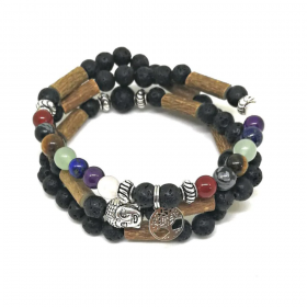 Wrap mala 2 en 1 en noisetier, 7 pierres chakras et pierres de lave 56cm Pur Noisetier