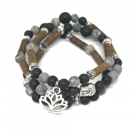 Wrap mala 2 en 1 en noisetier, jaspe Picasso et pierres de lave 56cm Pur Noisetier