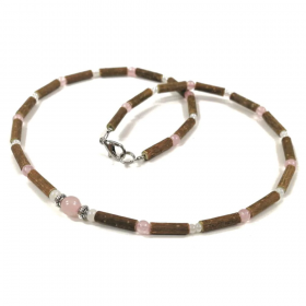 Collier pour adulte en noisetier et quartz rose 46cm Pur Noisetier
