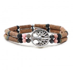 Bracelet double en noisetier a long bec labradorite jaspe sesame et pierre de lave 15cm Pur Noisetier