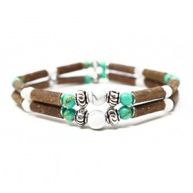 Bracelet double en noisetier a long bec turquoise et howlite 18 cm Pur Noisetier