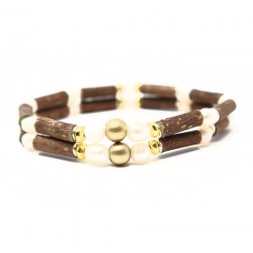 Bracelet double en noisetier a long bec perles d'eau douce et quartz blanc 20cm Pur Noisetier