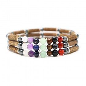 Bracelet triple en noisetier a long bec 7 chakras et hematite 18cm Pur Noisetier